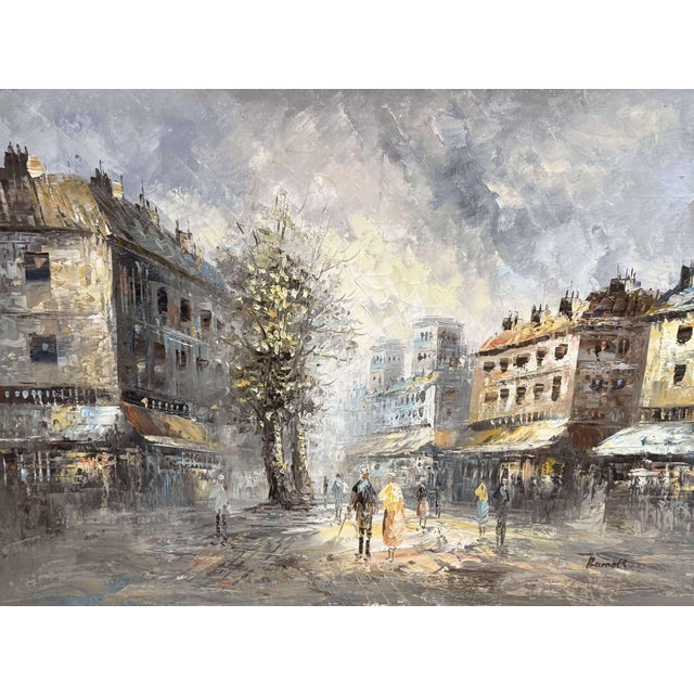 Textile Set of Three Mid-Century Paris Street Scene Oil Paintings Signed Burnett For Sale - Image 7 of 14