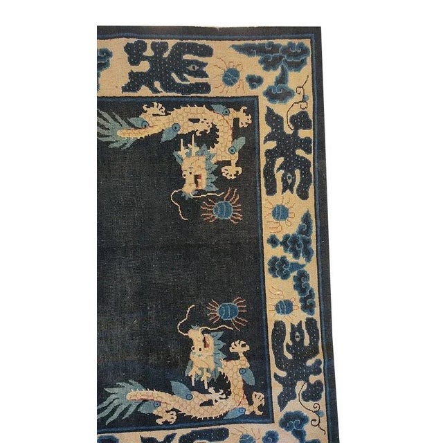 1890s Navy Blue Dragon Medallion Antique Chinese Ningxia Carpet 6' X 8' 8'' Wool Knotted Rug For Sale - Image 4 of 8