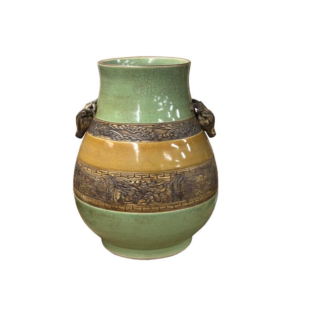 Asian Orient Crackle Green Dragon Motif Ram Heads Artistic Pottery Ceramic Vase For Sale - Image 3 of 15