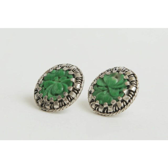 Modern Vintage Sterling Silver and Green Jade Pierced Button Stud Earrings 70's Pair Of For Sale - Image 3 of 8