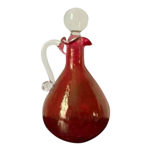 Victorian Cranberry Crackled Glass Decanter With Round Stopper