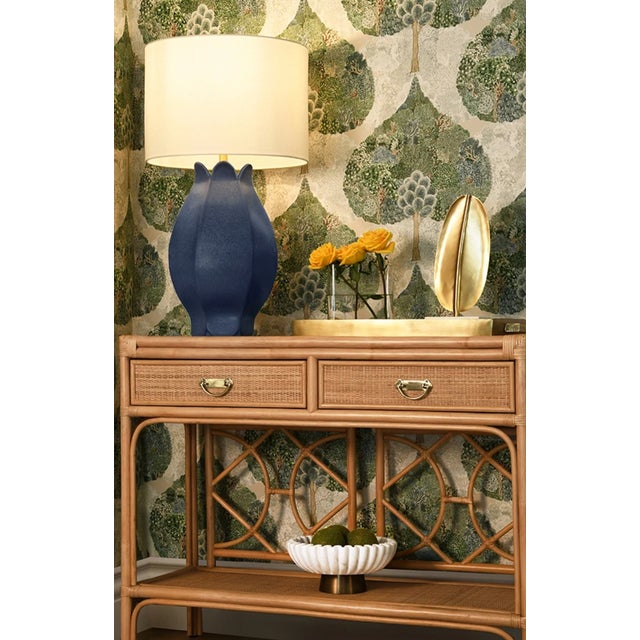 Matthew Izzo Home Mae Matte Navy Blue Glaze Ceramic Table Lamp With Shade and Ceramic Finial For Sale In New York - Image 6 of 6