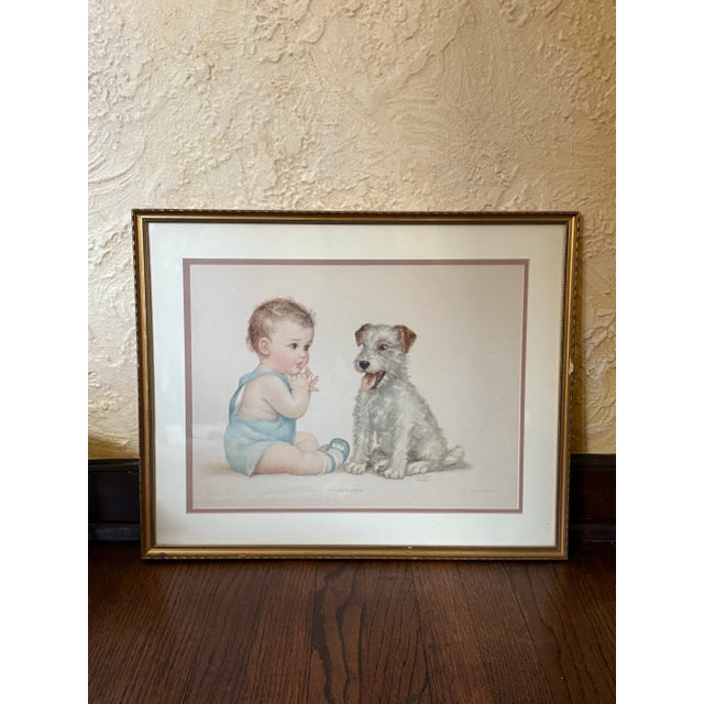 American Vintage Framed Charlotte Becker Print “Play Mates” Baby & Wire Fox Terrier For Sale - Image 3 of 9