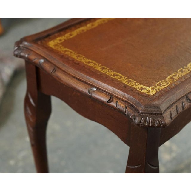 Vintage Nest of Tables with Queen Anne Legs and Brown Embossed Leather Top For Sale - Image 12 of 13