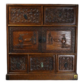 Vintage Chinese Huali Rosewood Carved "Antiques" Cabinet With 5 Drawers and Double Doors For Sale