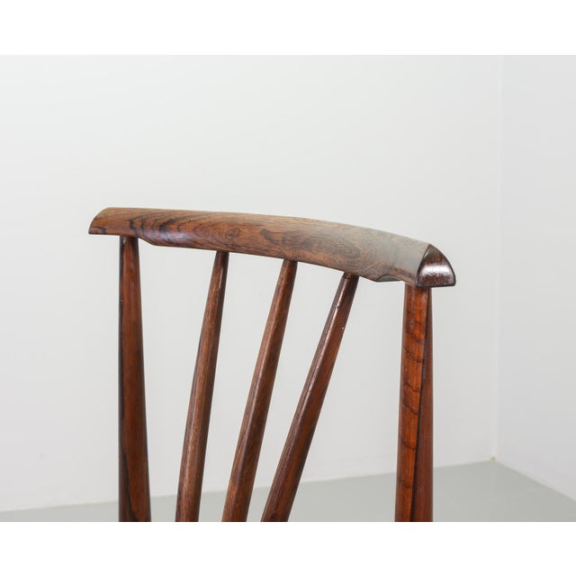 Scandinavian Wood Spindle Back Dining Chairs with Caramel Leatherette Upholstery, 1970s, Set of 4 For Sale - Image 15 of 16