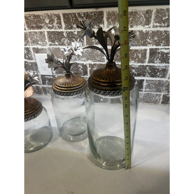 Late 20th Century Glass Canisters With Gold and White Porcelain Flowers For Sale - Image 4 of 6