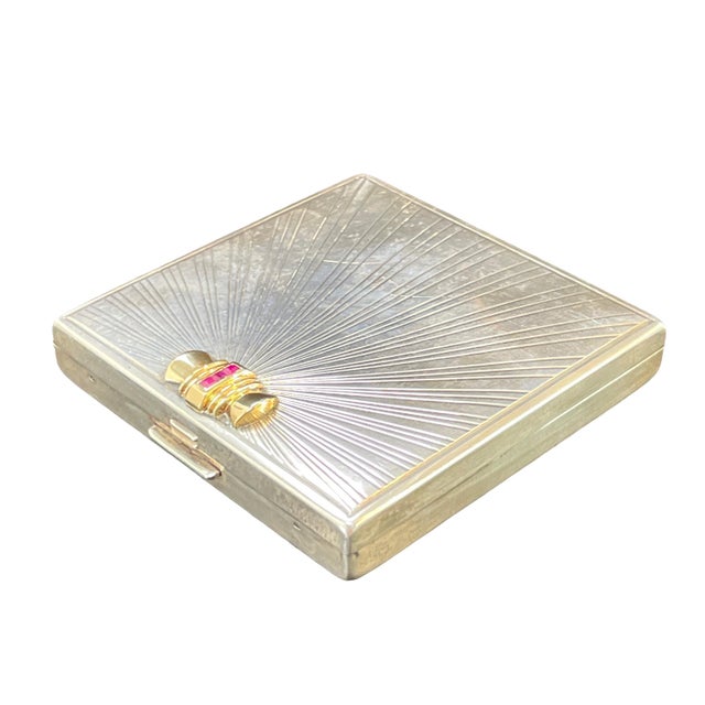 Tiffany and Co. Mid 20th Century Tiffany & Co. Sterling Silver & 14k Gold Ruby Vintage Compact For Sale - Image 4 of 5