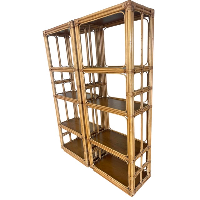 Vintage Tall Architectural Palm Beach Style Rattan Étagères, Pair For Sale In Naples, FL - Image 6 of 12