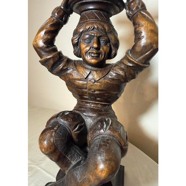 Figurative Antique 1800's Carved Wood Architectural Salvage Figural Candlestick Sculpture For Sale - Image 3 of 15