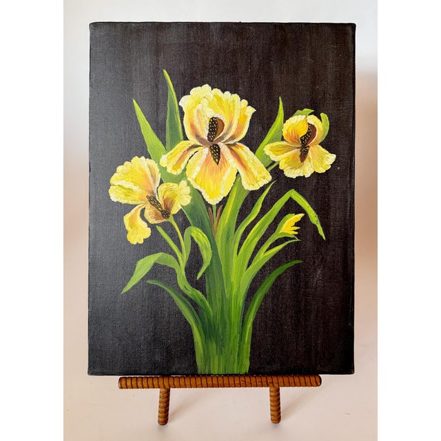 "Irises" Original Contemporary Botanical Oil Painting on Canvas With Black Background For Sale - Image 14 of 14
