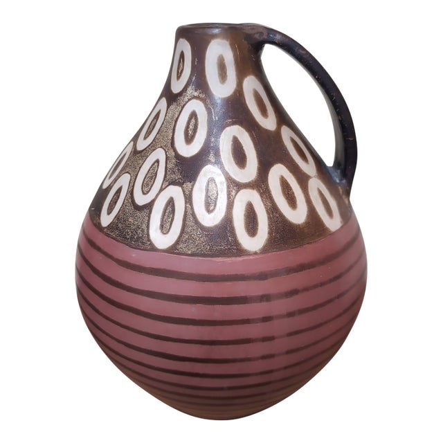 Alex Calle Pottery Jug Vase Signed Brown Geometric Modernist Peru Folk Art For Sale