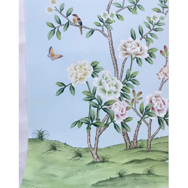 Paper W24"*h48"/Panel * a Set of 3 Panels Peony on Light Blue Tea Paper, Wall Artwork, Painting, No Frame, Tea Wallpaper For Sale - Image 7 of 7