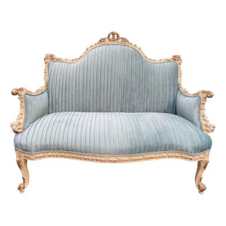 1980 Vintage French Louis XVI Cream Beech Settee in Blue Velvet For Sale