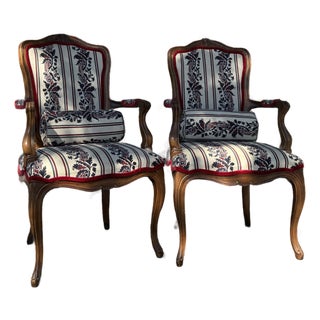 1920s Pair of Louis XV-Style French Provincial Upholstered Carved Wood Armchairs With Floral Stripe Fabric For Sale