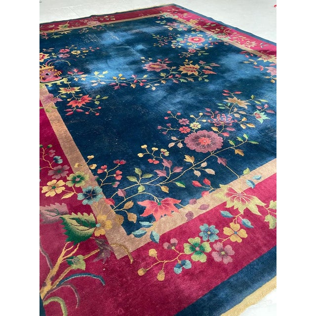 Antique Art Deco Asian Botanical Garden Magenta Rug 9.2 x 11.8 For Sale - Image 12 of 15