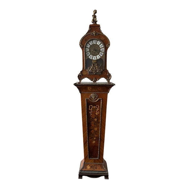Antique Italian Louis XV Style Marquetry & Bronze Pedestal Clock - C. 1920 (2-Piece Set) For Sale
