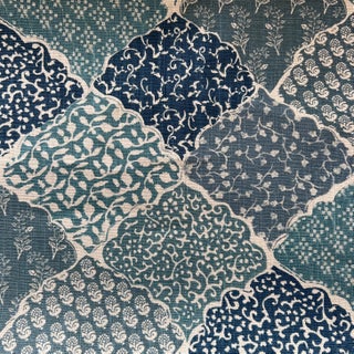 High End Designer Lisa Fine Maharab Blue Linen Fabric- 1 7/8 Yards For Sale
