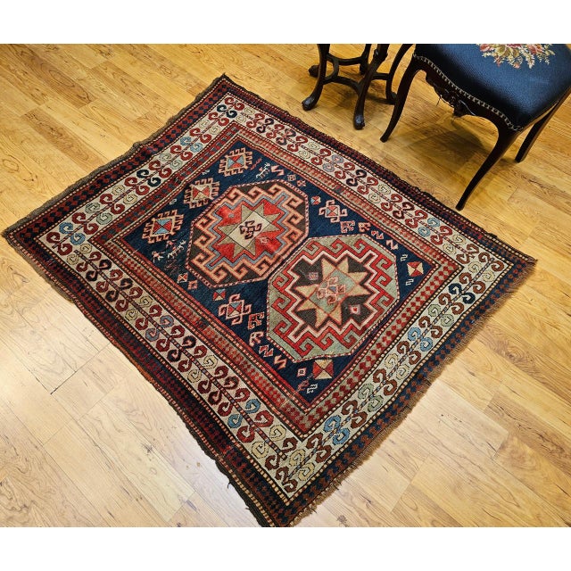Antique Caucasian Kazak Area Rug, Hand-Knotted Wool, Geometric Medallion Pattern, 5x5 For Sale - Image 4 of 18