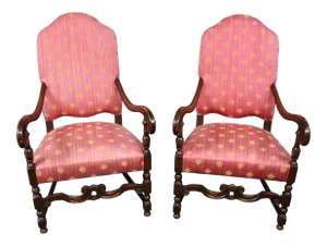 Jacobean Style Carved Walnut Pink Upholstered Throne Chairs - a Pair