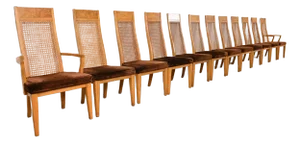 Milo Baughman Style Mid-Century Modern Burl Wood and Cane High Back Dining Chairs by Lane, 1970s