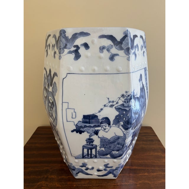 Blue and White Porcelain Chinoiserie Hexagonal Garden Stool or Side Table For Sale - Image 9 of 11