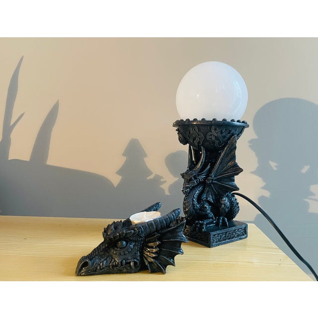 Black Resin Dragon Table Lamps with Candleholder, 1980s, Set of 2 For Sale - Image 4 of 17