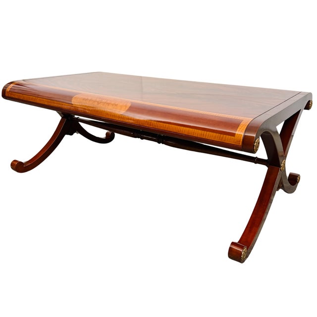 Late 20th Century Neoclassical Flame Mahogany & Satinwood Inlaid Curule Coffee Table For Sale In San Diego - Image 6 of 18