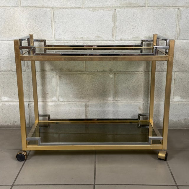 1970s Modern Bar Cart in Gold and Chrome Metal with Smoked Glass, 1970s For Sale - Image 5 of 9