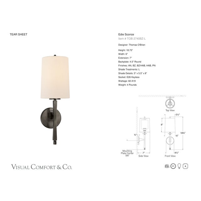 Modern Thomas O'Brien for Visual Comfort Signature Edie Sconce in Bronze with Linen Shade For Sale - Image 3 of 4