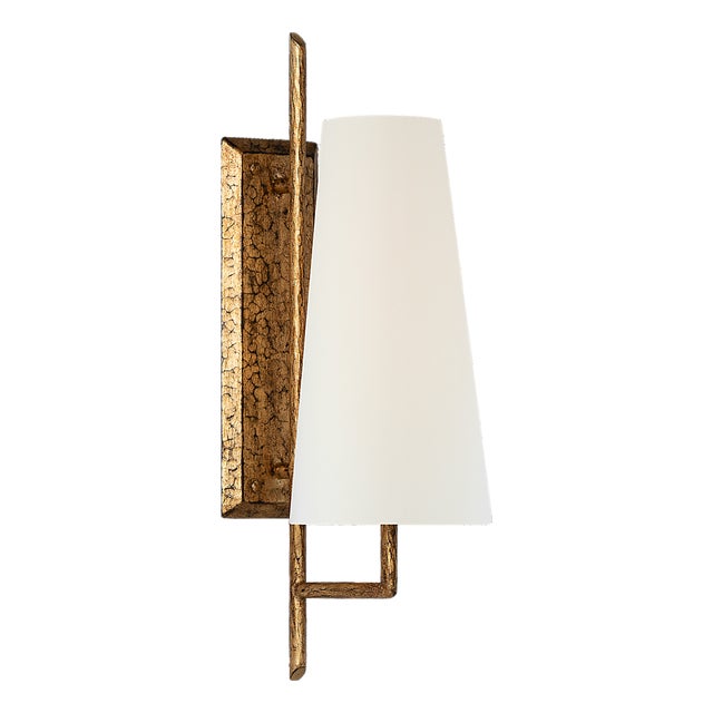 Chapman & Myers for Visual Comfort Signature Ashton Large Single Sculpted Sconce in Gilded Iron with Linen Shade For Sale