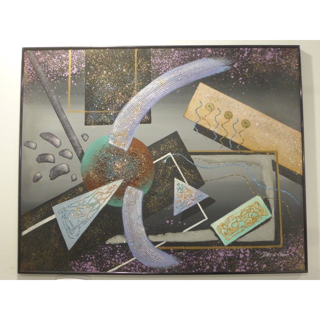 Memphis-style or postmodern abstract, popular in the 1980s. Mixed media on canvas in original black metal frame. Signed by...