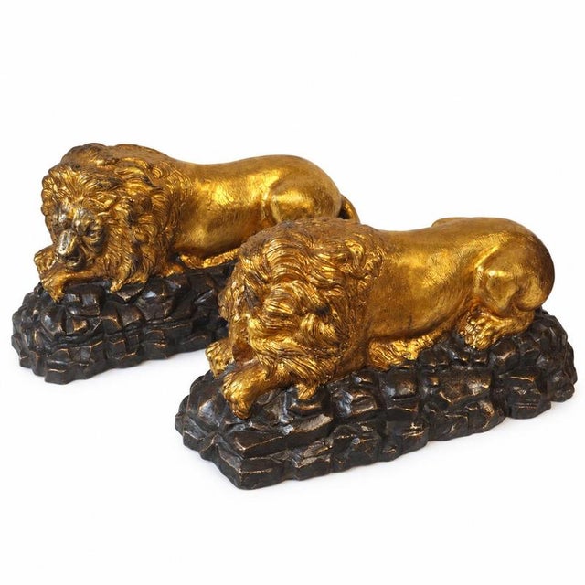 Metal French School Artist, Reclining Lions, Gilded Bronze, Set of 2 For Sale - Image 7 of 9