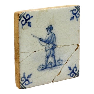 Miniature 18th-Century Dutch Delft Tile With Hunter For Sale