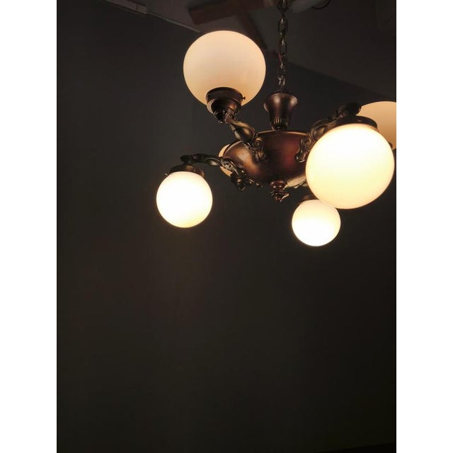 Art Deco Czech Brass Chandelier with Cream Glass, 1920s For Sale - Image 9 of 14