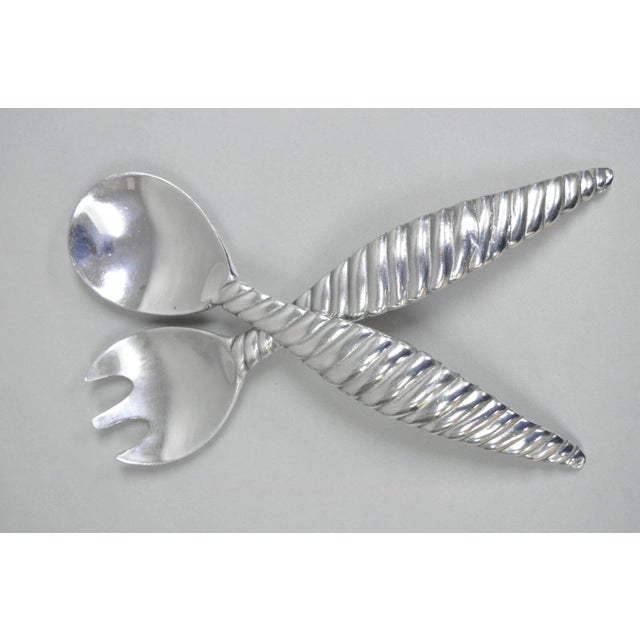 Late 20th Century Vintage Mariposa Brillante Mid Century Modern Aluminum Fish Salad Bowl With Utensils- 3 Pieces For Sale - Image 5 of 11