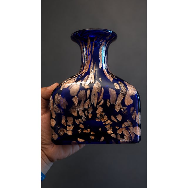 Murano Style Cobalt Blue Glass Vase With Gold Flecks – Mid Century Modern Decorative Accent For Sale - Image 9 of 11