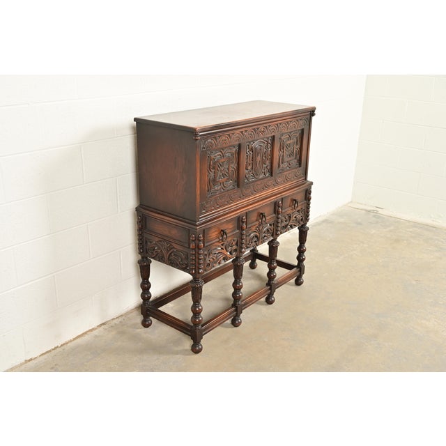 Berkey & Gay Lifetime Furniture Antique English Jacobean Carved Oak Drop Front Secretary Desk, Circa 1920s For Sale - Image 4 of 16