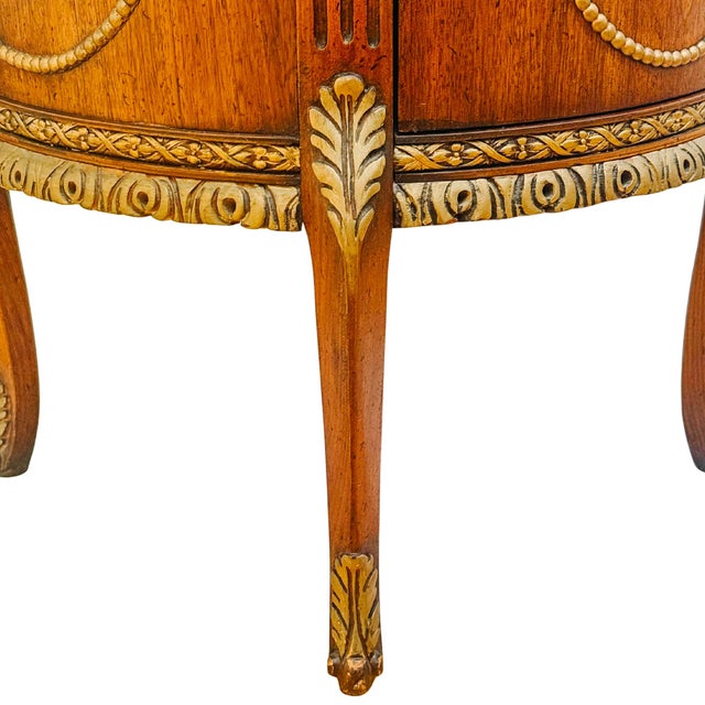 Louis XVI Style Round Gueridon Commode Tables With Carrara Marble & Floral Marquetry - A Pair For Sale - Image 17 of 18