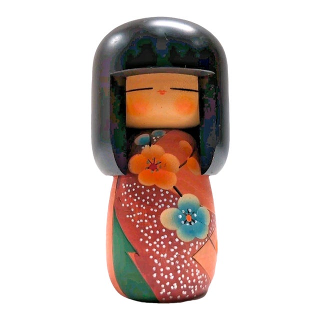 VTG Japanese Sosaku Kokeshi Doll Signed Hand-Painted Wood 5.5" Floral Kimono For Sale