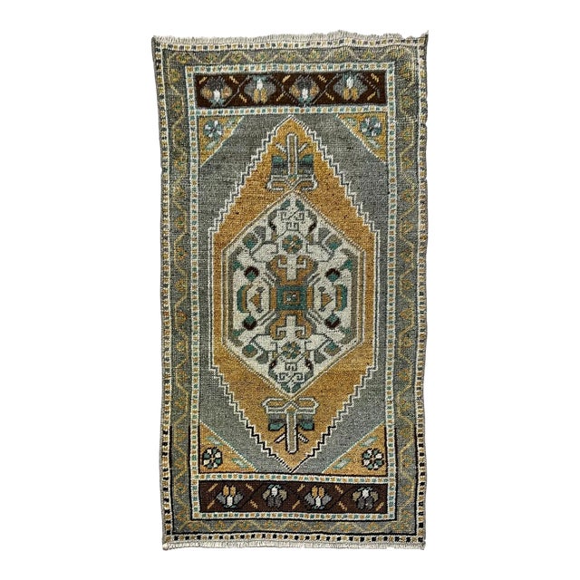 Vintage Gray Turkish Oushak Hand-Knotted Rug, 01'07 X 03'03 For Sale
