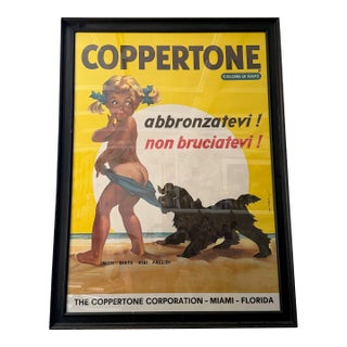 Original Vintage Mid-20th Century Italian Coppertone Illustrated Advertisement Poster "Abbronzatevi! Non Bruciatevi!" in Contemporary Frame For Sale