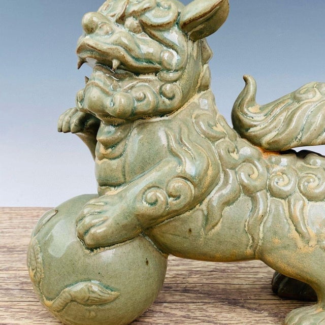 Pair of Antique Celadon Glazed Guardian Lions – 9.8" Foo Dogs With Brocade Balls For Sale In Los Angeles - Image 6 of 9