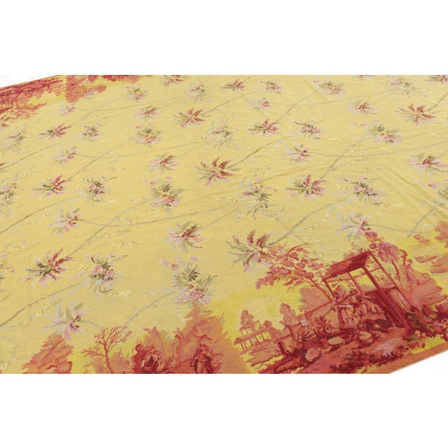 Vintage French Style Needlepoint Yellow Wool Rug With Chinoiserie Toile Border For Sale In New York - Image 6 of 13