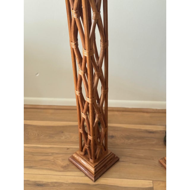 Late 20th Century Tall McGuire Style Rattan Lattice Floor Lamps - a Pair For Sale - Image 12 of 12