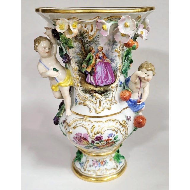 White Pair Antique German 19th C Putti Baby Meissen Porcelain Hand Painted Vases Urns For Sale - Image 8 of 15