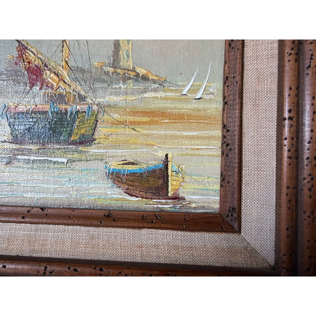 1960s Vintage Coastal Harbor & Lighthouse Oil Painting on Plywood – Framed For Sale - Image 11 of 13