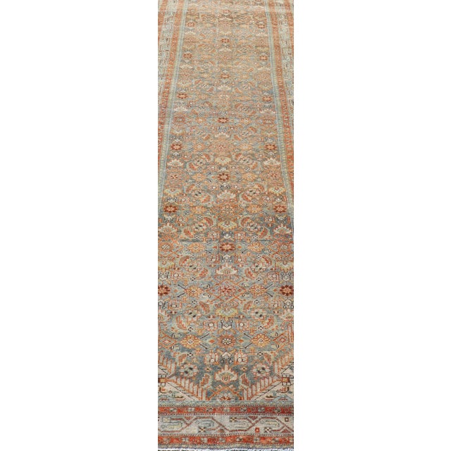 Early 20th Century Antique Persian Malayer Runner With Allover Motif's in Soft Blue Field 3'4 X17'0 For Sale - Image 5 of 12