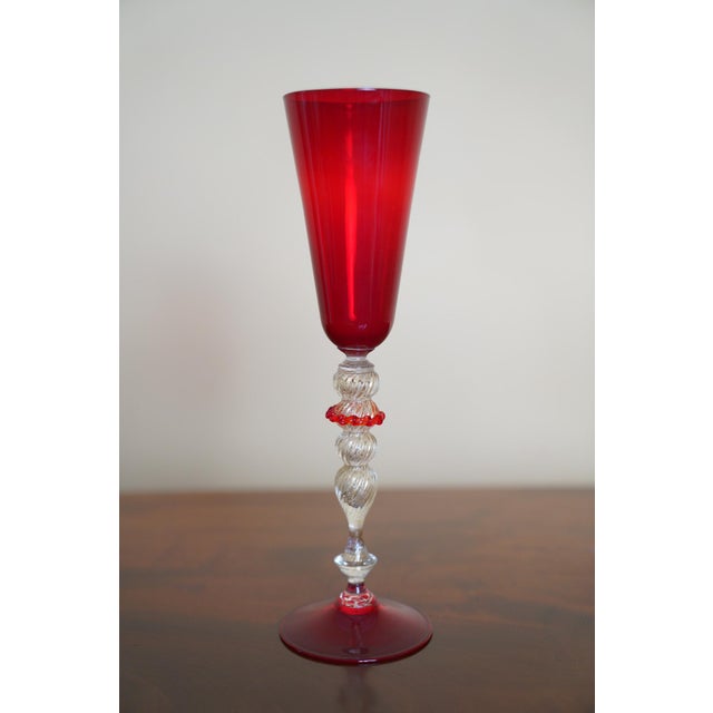 Glass Mid 20th Century Italian Ruby Red Murano-Style Art Glass Flute With Twisted Gold Aventurine Stem For Sale - Image 7 of 8