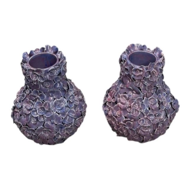 Pair of Vintage Italian Encrusted Floral Ceramic Vases in Dusty Lavender For Sale In West Palm - Image 6 of 12
